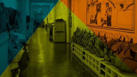 school image in red, yellows, green opacity layer