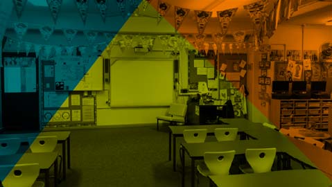 classroom image in red, yellows, green opacity layer