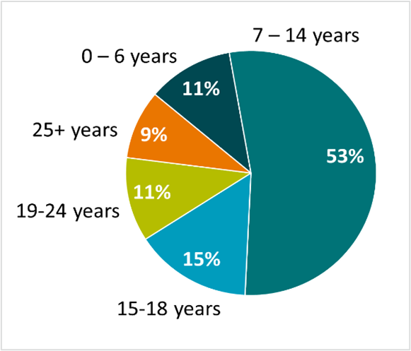 Age groups of active NDIS participants with autism as their primary disability. Note that the vast majority are younger than 18